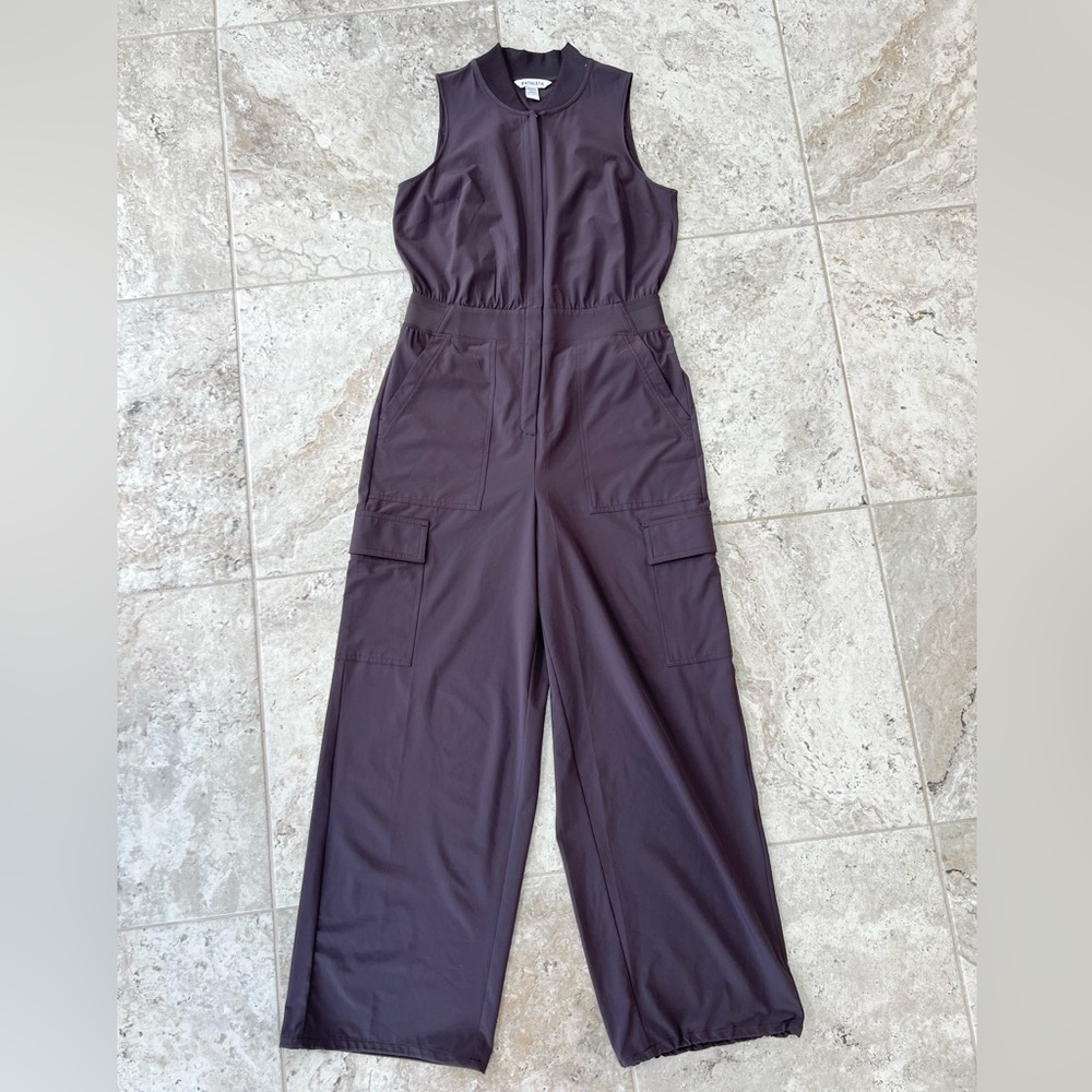 Athleta Brooklyn Sleeveless Front Zip Cargo Pant Utility Jumpsuit Romper Brown 8 - Picture 14 of 15